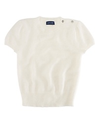 A whisper-soft angora sweater features cute cap sleeves and rhinestone buttons at the shoulder for vintage charm. A whisper-soft angora sweater features cute cap sleeves and rhinestone buttons at the shoulder for vintage charm.