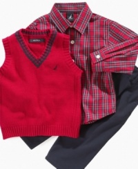 This Nautica sweater vest, plaid shirt and pants combo will have him looking head-to-toe adorable. This Nautica sweater vest, plaid shirt and pants combo will have him looking head-to-toe adorable.