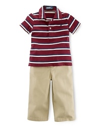This adorable set pairs a breathable jersey-knit striped polo with a traditional chino pant and a bulldog ribbon belt for preppy, tailored style.
