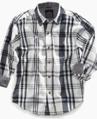 A look he can't stay neutral about – this plaid shirt from Nautica will rock his casual style. A look he can't stay neutral about – this plaid shirt from Nautica will rock his casual style.