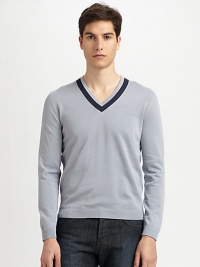 Sharp, contrast collar trim accents this smooth, fine-knit cotton pullover.V-neckRibbed cuffs and hemCottonMachine washImported Sharp, contrast collar trim accents this smooth, fine-knit cotton pullover.V-neckRibbed cuffs and hemCottonMachine washImported