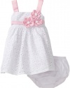 Bonnie Baby Girls Infant Satin Flowers On White Eyelet Empire Waist Dress, White, 24 Months