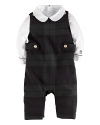 An essential, classic set pairs a preppy plaid overall with a soft cotton jersey bodysuit.