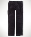 A polished flat-front, straight-leg corduroy pant can be dressed up or down for comfortable, versatile style.