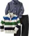 Izod Kids Baby-boys Infant Stripe 1/4 Zip Sweater With Woven Shirt and Denim Jean, Oatmeal, 24 Months