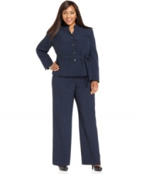 Evan Picone puts a sleek spin on this plus size pant suit with a stand-collar, belted jacket and wide-leg trousers. Peeptoe heels are the perfect finishing element. Evan Picone puts a sleek spin on this plus size pant suit with a stand-collar, belted jacket and wide-leg trousers. Peeptoe heels are the perfect finishing element.