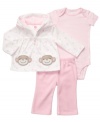 Swing her into the day fashionably with this darling 3-piece bodysuit, hoodie and pant set from Carter's.