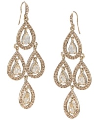 Turn up the elegance. Carolee's stunning chandelier earrings feature pear and round-cut glass accents in 12k gold-plated mixed metal. Approximate drop: 2-5/8 inches. Turn up the elegance. Carolee's stunning chandelier earrings feature pear and round-cut glass accents in 12k gold-plated mixed metal. Approximate drop: 2-5/8 inches.