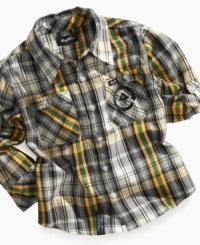 A long-sleeved shirt from LRG in a back-to-school plaid with pocket and sleeve styling that puts it on a creative curriculum. A long-sleeved shirt from LRG in a back-to-school plaid with pocket and sleeve styling that puts it on a creative curriculum.