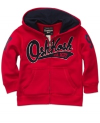 Make his playtime a cozier time with this warm Osh Kosh hooded sweatshirt. Make his playtime a cozier time with this warm Osh Kosh hooded sweatshirt.