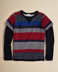 Stripes and solid sleeve insets create a cute layered look without the bulk. Stripes and solid sleeve insets create a cute layered look without the bulk.