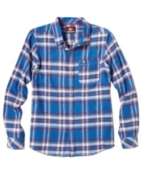 Deep blue. The bright pop of this Quiksilver plaid shirt will add a modern edge to his outfit. Deep blue. The bright pop of this Quiksilver plaid shirt will add a modern edge to his outfit.