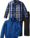 Izod Kids Boys 2-7 Zip Solid Sweater Plaid Shirt and Jean 3 Piece Set, Medium Blue, 6 Regular