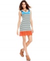 Bright orange crochet lace adds a cool contrast to this striped Kensie sweater dress for a chic daytime look!