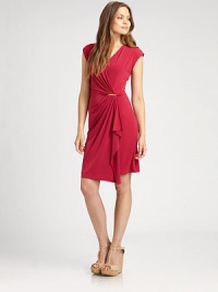 From its soft fabrication to its wrap-style and cascading-ruffle front, this dress is truly exceptional.V-neckCap sleevesPin closure at wrap-style frontAbout 24 from natural waist94% polyester/6% spandexMachine washImported Model shown is 5'10 (177cm) wearing US size Small. From its soft fabrication to its wrap-style and cascading-ruffle front, this dress is truly exceptional.V-neckCap sleevesPin closure at wrap-style frontAbout 24 from natural waist94% polyester/6% spandexMachine washImported Model shown is 5'10 (177cm) wearing US size Small.
