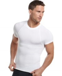 Seamless and snug for full no-show coverage, this form-fitting tee from One Flat Jack does all the work under your shirt for a sleek, slimmed down effect. Seamless and snug for full no-show coverage, this form-fitting tee from One Flat Jack does all the work under your shirt for a sleek, slimmed down effect.