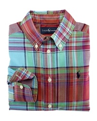 A preppy long-sleeved sport shirt in cut from woven cotton broadcloth in a vibrant plaid, tailored in Ralph Lauren's comfortable, classic-fitting Blake silhouette. A preppy long-sleeved sport shirt in cut from woven cotton broadcloth in a vibrant plaid, tailored in Ralph Lauren's comfortable, classic-fitting Blake silhouette.