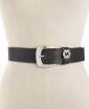 A classic leather belt gets a contemporary update from the MICHAEL Michael Kors silver cutout logo disc at closure.