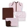A pretty pink and white lattice and square and dot printed cotton knit with brown trim. This bumper-free 4-piece set includes the complete sheet, airflow wearable blanket, linen crib skirt and nursery blanket.The American Academy of Pediatrics and the U.S. Consumer Product Safety Commission have made recommendations for safe bedding practices for babies. When putting infants under 12 months to sleep, remove pillows, quilts, comforters, and other soft items from the crib.