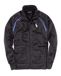 Ralph Lauren's iconic pony elevates a lightweight mockneck jacket with bold contrast accents for superior game-time style. Ralph Lauren's iconic pony elevates a lightweight mockneck jacket with bold contrast accents for superior game-time style.