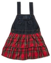 A bright plaid skirt on this Osh Kosh jumper will add a sweet look to her everyday style. A bright plaid skirt on this Osh Kosh jumper will add a sweet look to her everyday style.