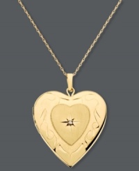 A timeless treasure. This luminous locket features an adorable heart shape accented by a sparkling diamond center and an elegant scroll engraving. Locket opens and closes to hold your favorite memories safe. Crafted in 14k gold. Approximate length: 18 inches. Approximate drop: 1 inch. A timeless treasure. This luminous locket features an adorable heart shape accented by a sparkling diamond center and an elegant scroll engraving. Locket opens and closes to hold your favorite memories safe. Crafted in 14k gold. Approximate length: 18 inches. Approximate drop: 1 inch.
