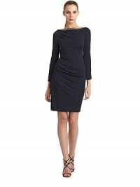 THE LOOKBead-embellished necklineSubtle asymmetrical draping and seamingLong sleeves with curved cuffs and button closureSide zip closureTHE FITAbout 38½ from shoulder to hemTHE MATERIAL82% viscose/18% nylonFully linedCARE & ORIGINDry cleanMade in ItalyModel shown is 5'10½ (179cm) wearing US size 4. THE LOOKBead-embellished necklineSubtle asymmetrical draping and seamingLong sleeves with curved cuffs and button closureSide zip closureTHE FITAbout 38½ from shoulder to hemTHE MATERIAL82% viscose/18% nylonFully linedCARE & ORIGINDry cleanMade in ItalyModel shown is 5'10½ (179cm) wearing US size 4.