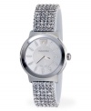 You have every reason to shine. Glittering Piazza watch by Swarovski crafted of clear crystal mesh bracelet and round stainless steel case. Silver tone dial features four hand-set crystals at each marker, logo at twelve o'clock and two silver tone hands. Swiss quartz movement. Water resistant to 30 meters. Two-year limited warranty.