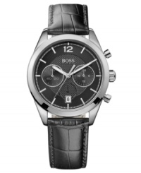 Classically refined, this modern watch from Hugo Boss adds intrigue to your black suits. Classically refined, this modern watch from Hugo Boss adds intrigue to your black suits.