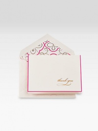 Say it with elegance (and flowers). This set of 10 hand-engraved, notecards features impeccable gold calligraphy. Pretty, damask rose and white peony-lined envelopes truly seal the deal. Set of 10 notecards3.8W X 5.3HMade in USA Say it with elegance (and flowers). This set of 10 hand-engraved, notecards features impeccable gold calligraphy. Pretty, damask rose and white peony-lined envelopes truly seal the deal. Set of 10 notecards3.8W X 5.3HMade in USA