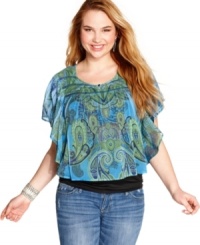 Look lovely when you wear One World's plus size top, featuring a global-glam print on sheer flowing fabric! Look lovely when you wear One World's plus size top, featuring a global-glam print on sheer flowing fabric!