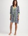 EXCLUSIVELY AT SAKS. Lightweight and summer-ready, a bold geometric print in fresh hues covers this classic silhouette. Cross-over frontThree-quarter kimono sleevesContrast trim at neckline and cuffsSelf-tie waistAbout 36 from shoulder to hemPolyesterMachine washImported