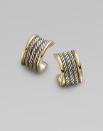 From the Wheaton Collection. Arcs of twisted sterling silver cable, elegantly edged by bands of 18k gold. Sterling silver and 18k yellow gold Diameter, about ½ Post back Made in USA