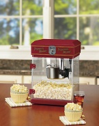 Everyone loves popcorn, and this movie theater-style counter-top popper delivers the goods: up to eight cups of hot, delicious popcorn are ready in just minutes! It's a perfect touch for kid's parties, game time snacks, or just because. Removable, magnetized door and pivoting kettleRemovable serving tray 40-foot power cord300 watts11W X 17H X 11½DImported