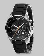 A timeless look with a modern touch, designed in solid stainless steel with three-eye chronograph functionality and a silicon-wrapped bracelet Quartz movement Water-resistant to 5ATM/50m Stainless steel case, 43mm, 1.69 Silicon bracelet, 23mm wide, .91 Black dial Date display Imported 