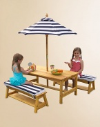 Little ones will love picnics and playtime under the shade in this weather-resistant wood table set with a striped canvas umbrella and soft striped cushions. Sturdy construction and a weather-resistant finish ensures the fun will last season after season.Bench table2 matching benches with storageStriped canvas umbrella & 2 matching cushionsTable: 42L X 22.64W X 18.98HBench: 35.83L X 11.34W X 10.43H44 lbsConstructed from canvas, Sanmu wood & foamImported