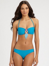 Bohemian beads add exotic charm to this stretch swim design with a convenient, removable halter strap. Removable halter strap ties at neckBandeau topBack clasp closureStretch bottom features beaded sidesFully lined80% nylon/20% spandexHand washImported Bohemian beads add exotic charm to this stretch swim design with a convenient, removable halter strap. Removable halter strap ties at neckBandeau topBack clasp closureStretch bottom features beaded sidesFully lined80% nylon/20% spandexHand washImported