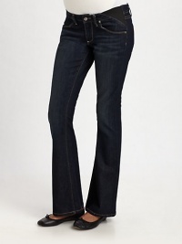 Deep dark denim is subtly faded for a loved-in vintage look.THE FITSide elastic inserts Boot leg Rise, about 7 Inseam, about 32 Leg opening, about 20THE DETAILSZip fly Button closure Five-pocket style 80% cotton/19% polyester/1% spandex Machine wash Made in USA of imported fabric Deep dark denim is subtly faded for a loved-in vintage look.THE FITSide elastic inserts Boot leg Rise, about 7 Inseam, about 32 Leg opening, about 20THE DETAILSZip fly Button closure Five-pocket style 80% cotton/19% polyester/1% spandex Machine wash Made in USA of imported fabric