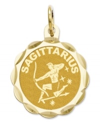 Tell everyone your sign in style! This scalloped and polished disc charm features the Sagittarius Zodiac in 14k gold. Chain not included. Approximate length: 9/10 inch. Approximate width: 3/5 inch. Tell everyone your sign in style! This scalloped and polished disc charm features the Sagittarius Zodiac in 14k gold. Chain not included. Approximate length: 9/10 inch. Approximate width: 3/5 inch.