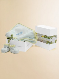 A set that's sure to delight a new mom in pure, organic terry packaged in a reusable gift box. Set includes baby hooded towel, multi-use cloth, baby washcloth and a pair of booties. A set that's sure to delight a new mom in pure, organic terry packaged in a reusable gift box. Set includes baby hooded towel, multi-use cloth, baby washcloth and a pair of booties.