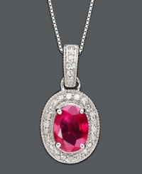 Keep this stunning king of gemstones close to your heart. Oval-cut ruby (1-1/2 ct. t.w.) pendant in 14k white gold setting encrusted with round-cut diamond (1/5 ct. t.w.). Approximate length: 18 inches. Approximate drop: 7/8 inch. Keep this stunning king of gemstones close to your heart. Oval-cut ruby (1-1/2 ct. t.w.) pendant in 14k white gold setting encrusted with round-cut diamond (1/5 ct. t.w.). Approximate length: 18 inches. Approximate drop: 7/8 inch.