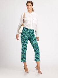 Vivid chevron pattern adds a retro-glam vibe to these slightly cropped dress pants. Tab closureZip flyFront slash pocketsBack besom pocketsRise, about 10Inseam, about 23Cotton/elastaneDry cleanMade in USA of Italian fabricModel shown is 5'10 (177cm) wearing US size 4. Vivid chevron pattern adds a retro-glam vibe to these slightly cropped dress pants. Tab closureZip flyFront slash pocketsBack besom pocketsRise, about 10Inseam, about 23Cotton/elastaneDry cleanMade in USA of Italian fabricModel shown is 5'10 (177cm) wearing US size 4.