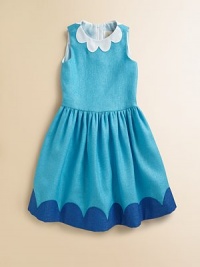 A whimsical flight of fancy, this stunning colorblock frock features a full skirt and scalloped trim for a princess-worthy ensemble.JewelneckSleevelessBack zipperFull skirtPolyesterDry cleanMade in the USA of imported fabric A whimsical flight of fancy, this stunning colorblock frock features a full skirt and scalloped trim for a princess-worthy ensemble.JewelneckSleevelessBack zipperFull skirtPolyesterDry cleanMade in the USA of imported fabric