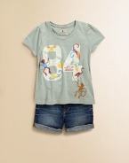 Put your little cutie in this soft and cuddly cotton tee, accented with colorful animals and fruit.CrewneckShort sleeveOpen back with button closureLogo detail and graphics on backCottonMachine washImported