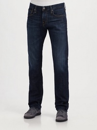An all-American classic, renewed and remade for today with a dark, gently faded wash and slim fit that slouches down the leg. Five-pocket style Zip fly Inseam, about 33 98% cotton/2% polyurethane; machine wash Made in USA An all-American classic, renewed and remade for today with a dark, gently faded wash and slim fit that slouches down the leg. Five-pocket style Zip fly Inseam, about 33 98% cotton/2% polyurethane; machine wash Made in USA