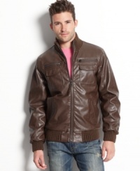 Get instant cool with this hot faux-leather bomber jacket from Buffalo David Bitton. Get instant cool with this hot faux-leather bomber jacket from Buffalo David Bitton.