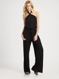 Modified by a halter top, elastic drop waist and wide-leg construction this retro-cool design will carry you through the seasons. Front tie halter with keyhole detailElastic drop waistSlash pocketsAbout 59 from shoulder to hem92% modal/8% spandexDry cleanMade in USAModel shown is 5'10 (177cm) wearing US size Small. Modified by a halter top, elastic drop waist and wide-leg construction this retro-cool design will carry you through the seasons. Front tie halter with keyhole detailElastic drop waistSlash pocketsAbout 59 from shoulder to hem92% modal/8% spandexDry cleanMade in USAModel shown is 5'10 (177cm) wearing US size Small.