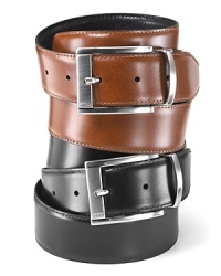 Classic dress belt with silvertone buckle. Reversible belt with brush finished buckle and keeper. Classic dress belt with silvertone buckle. Reversible belt with brush finished buckle and keeper.