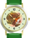 The Little Bird - from Mother Goose by Artist: Sylvia Long - WATCHBUDDY® DELUXE TWO-TONE THEME WATCH - Arabic Numbers - Green Leather Strap-Size-Large ( Men's Size or Jumbo Women's Size )