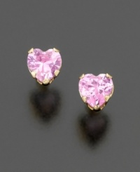 Simple and sweet: heart-shaped pink cubic zirconia stones set in polished 14k gold.